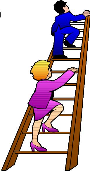 cartoon image of man in blue suit and woman in magenta suit climbing a ladder. Man is at the top of the ladder and woman is on the lower rungs.