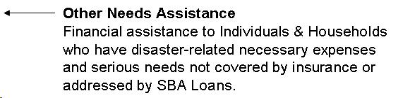 Arrow pointing to top rungs of ladder with text: Other Needs Assistance. Financial assistance to individuals & Households who have disaster-related necessary expenses and serious needs not covered by insurance or addressed by SBA Loans.