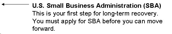 Arrow pointing to middle rungs of ladder with text: U.S. Small Business Administration (SBA). This is your first step for long-term recovery. You must apply for SBA before you can move forward.