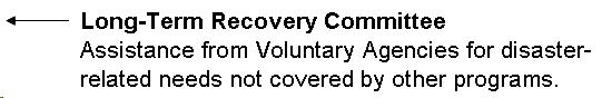 Arrow pointing to top rungs on ladder with text: Long-Term Recovery Committee. Assistance from Voluntary Agencies for disaster-related needs not covered by other programs.